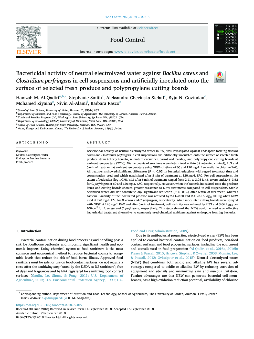 Bactericidal activity of neutral electrolyzed water against Bacillus cereus and Clostridium perfringens in cell suspensions and artificially inoculated onto the surface of selected fresh produce and polypropylene cutting boards