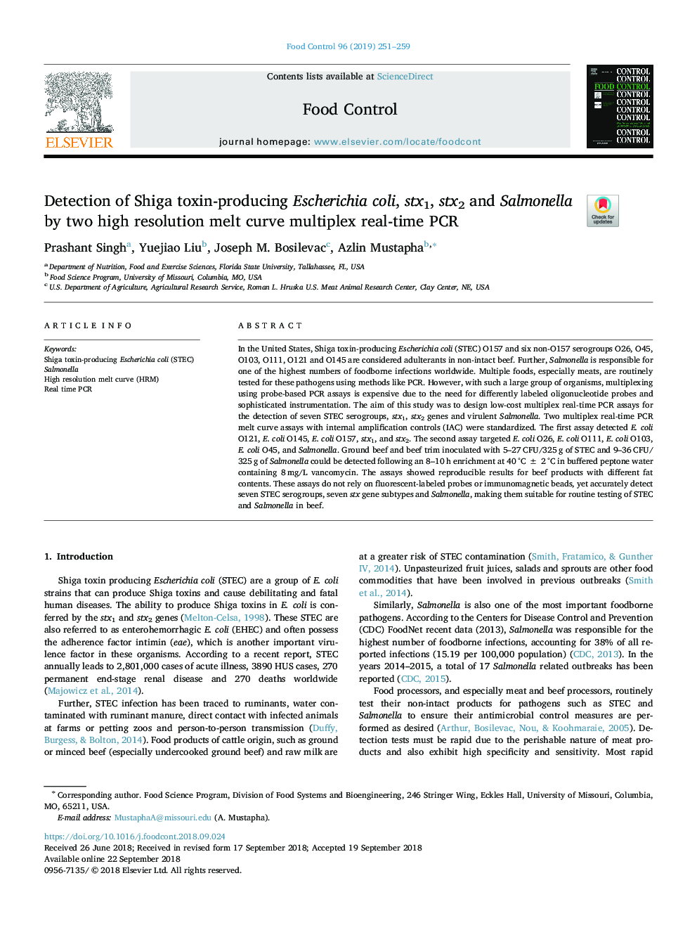 Detection of Shiga toxin-producing Escherichia coli, stx1, stx2 and Salmonella by two high resolution melt curve multiplex real-time PCR