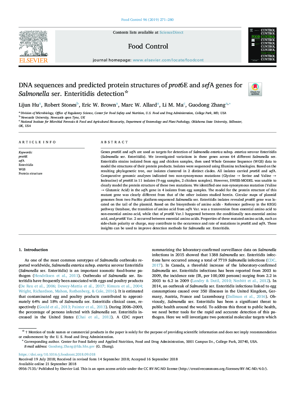 DNA sequences and predicted protein structures of prot6E and sefA genes for Salmonella ser. Enteritidis detection