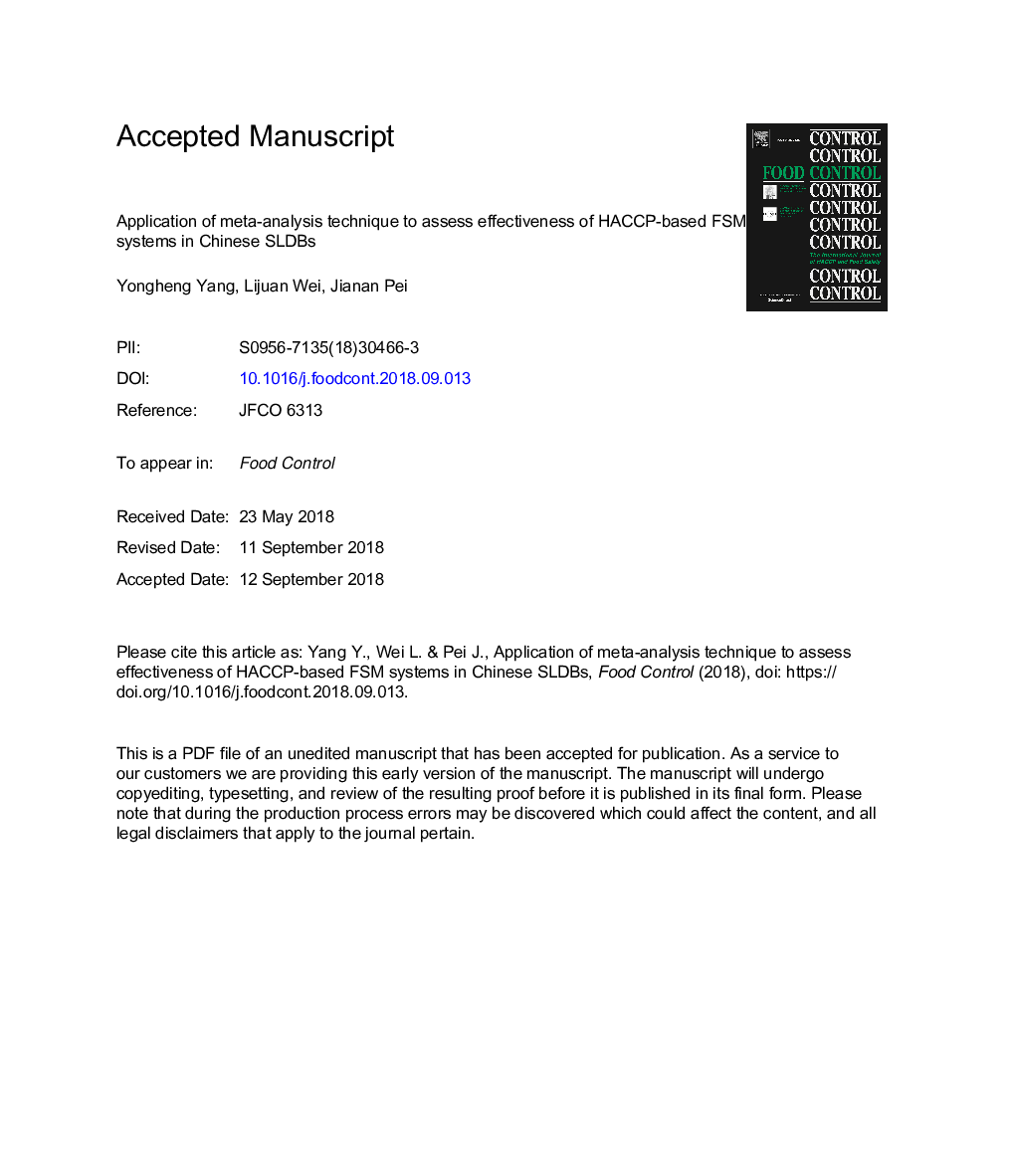 Application of meta-analysis technique to assess effectiveness of HACCP-based FSM systems in Chinese SLDBs