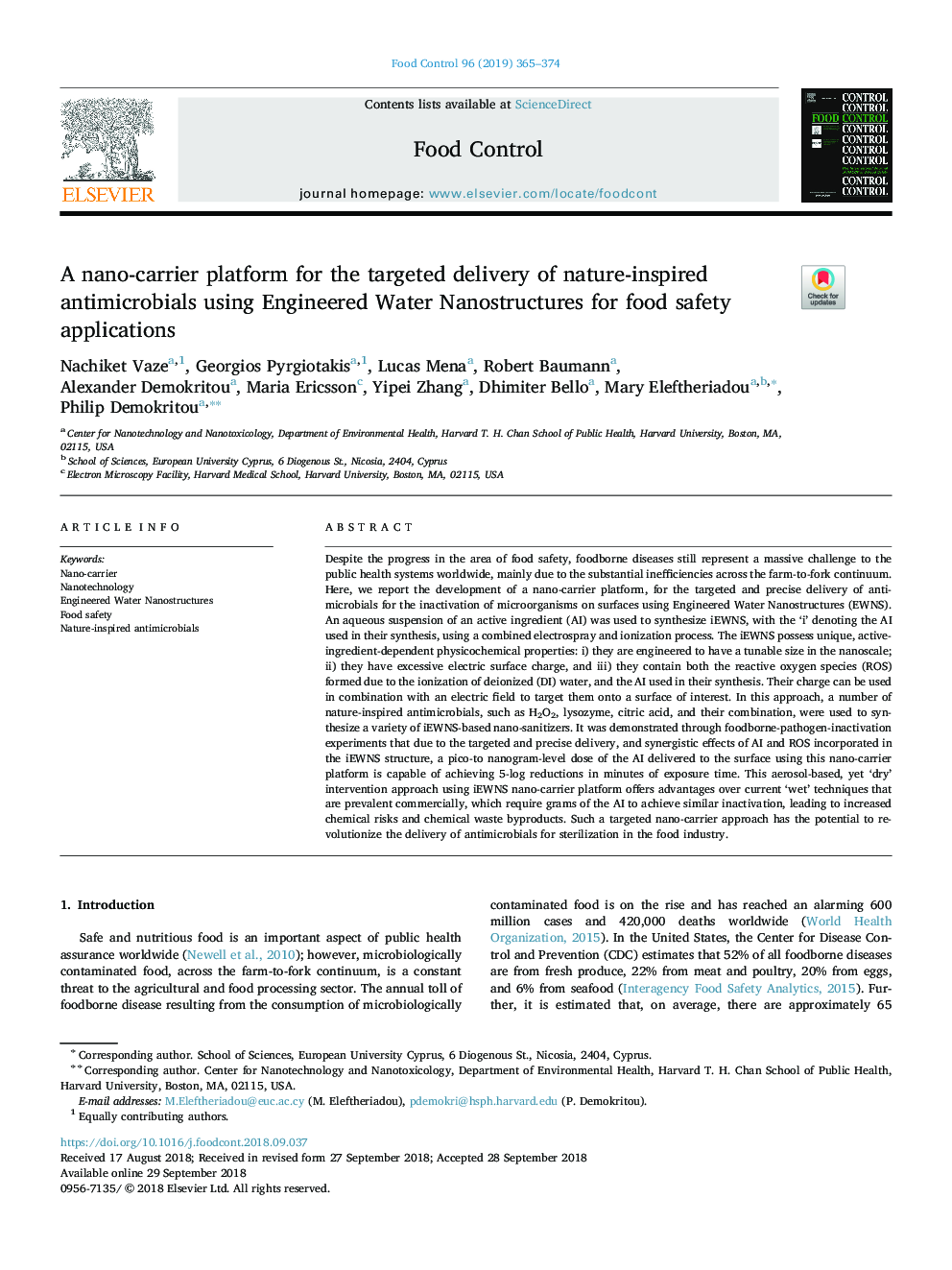 A nano-carrier platform for the targeted delivery of nature-inspired antimicrobials using Engineered Water Nanostructures for food safety applications