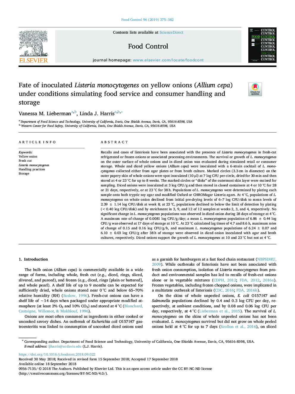 Fate of inoculated Listeria monocytogenes on yellow onions (Allium cepa) under conditions simulating food service and consumer handling and storage