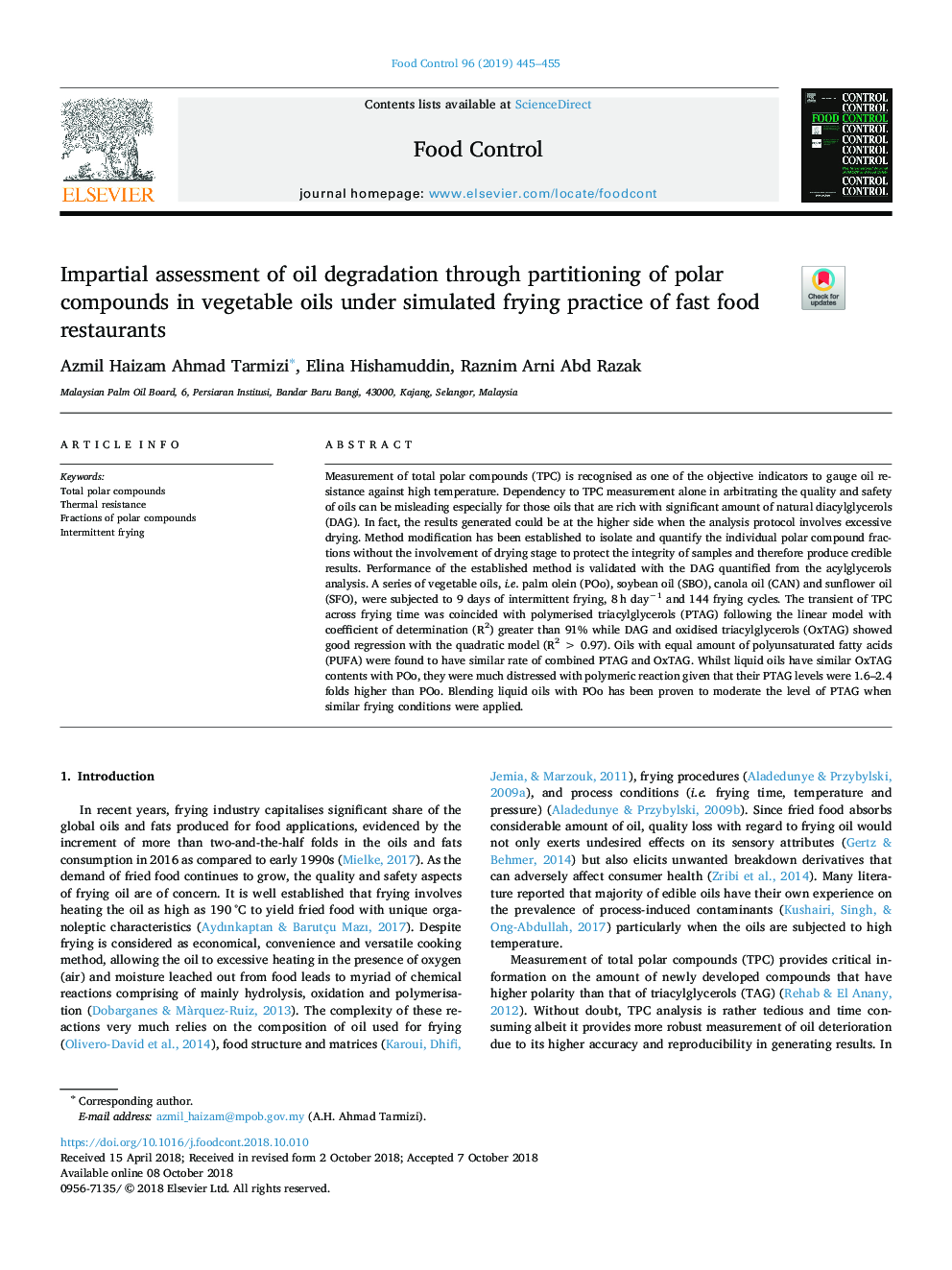 Impartial assessment of oil degradation through partitioning of polar compounds in vegetable oils under simulated frying practice of fast food restaurants