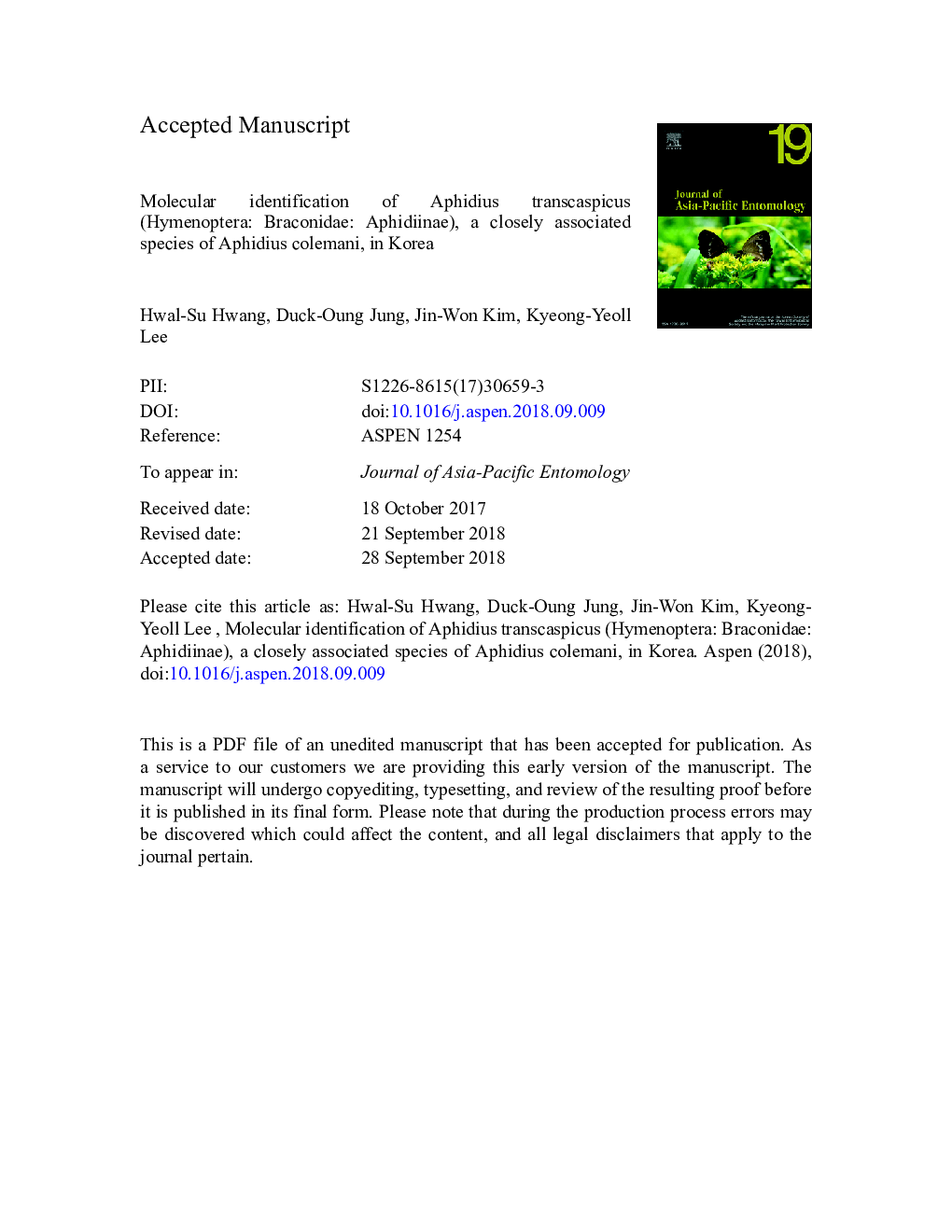 Molecular identification of Aphidius transcaspicus (Hymenoptera: Braconidae: Aphidiinae), a closely associated species of Aphidius colemani, in Korea