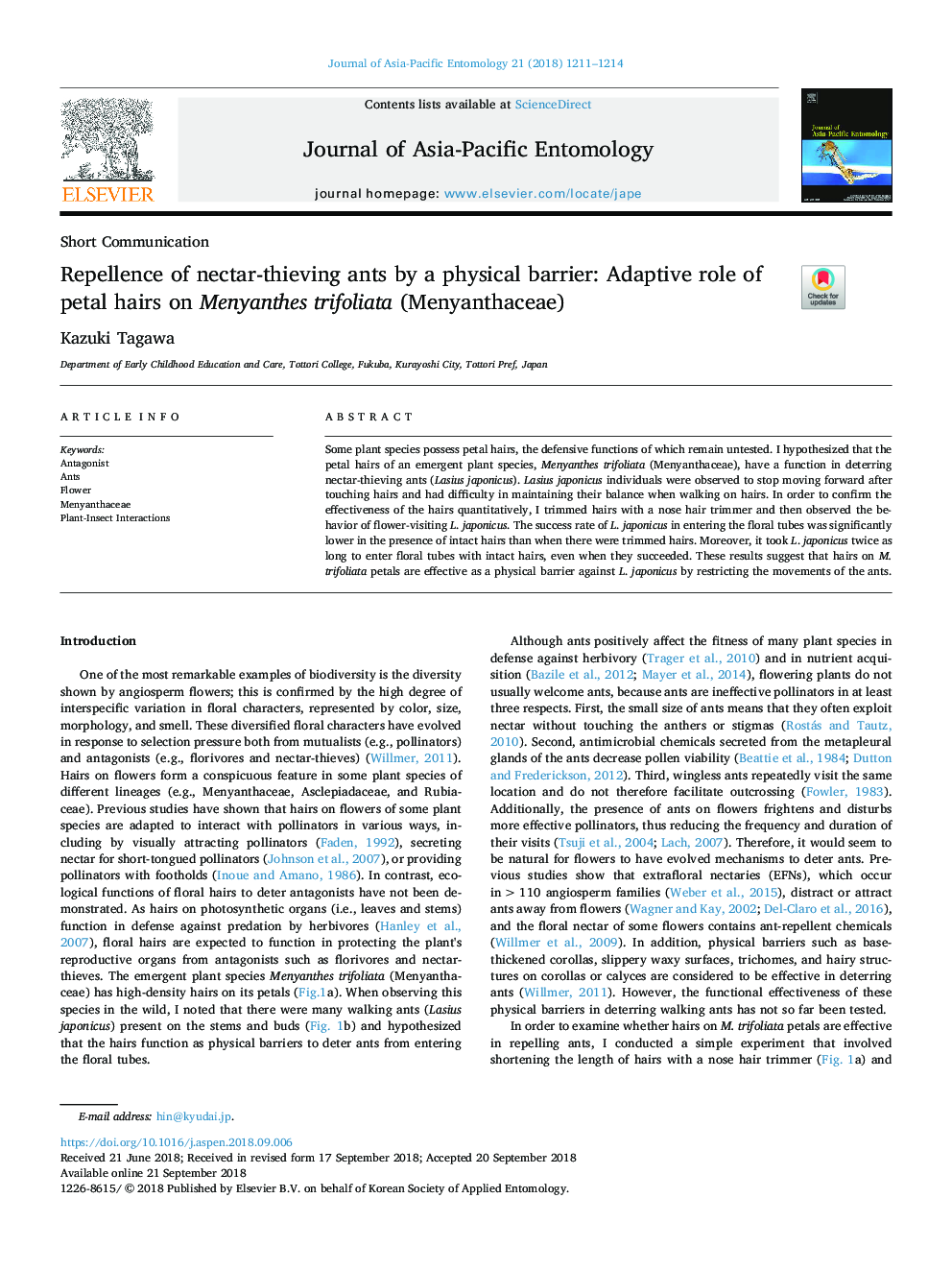 Repellence of nectar-thieving ants by a physical barrier: Adaptive role of petal hairs on Menyanthes trifoliata (Menyanthaceae)