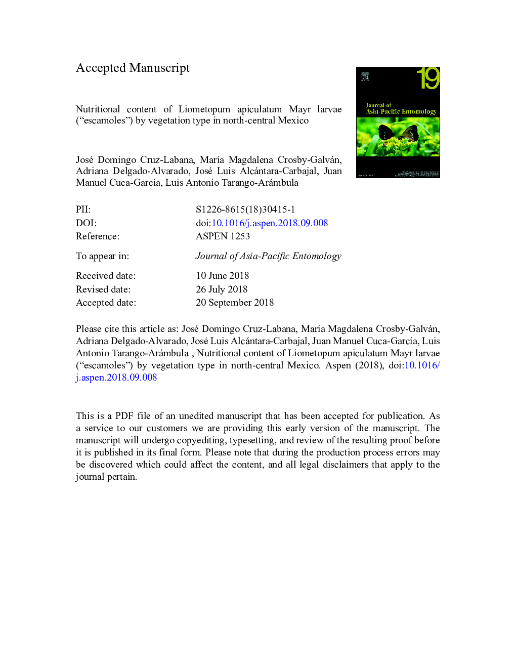 Nutritional content of Liometopum apiculatum Mayr larvae (“escamoles”) by vegetation type in north-central Mexico