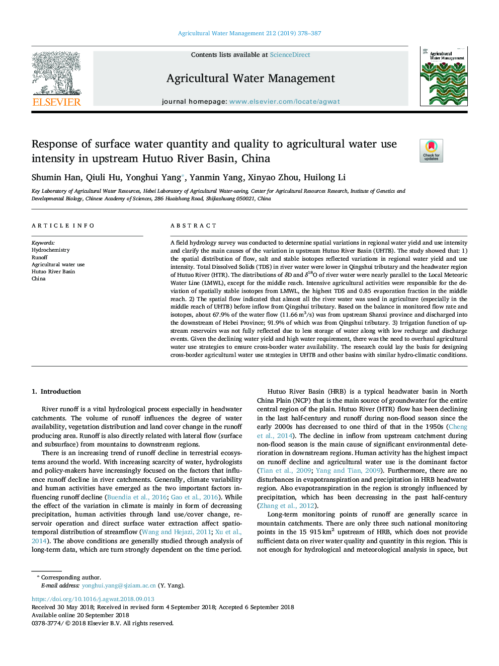 Response of surface water quantity and quality to agricultural water use intensity in upstream Hutuo River Basin, China