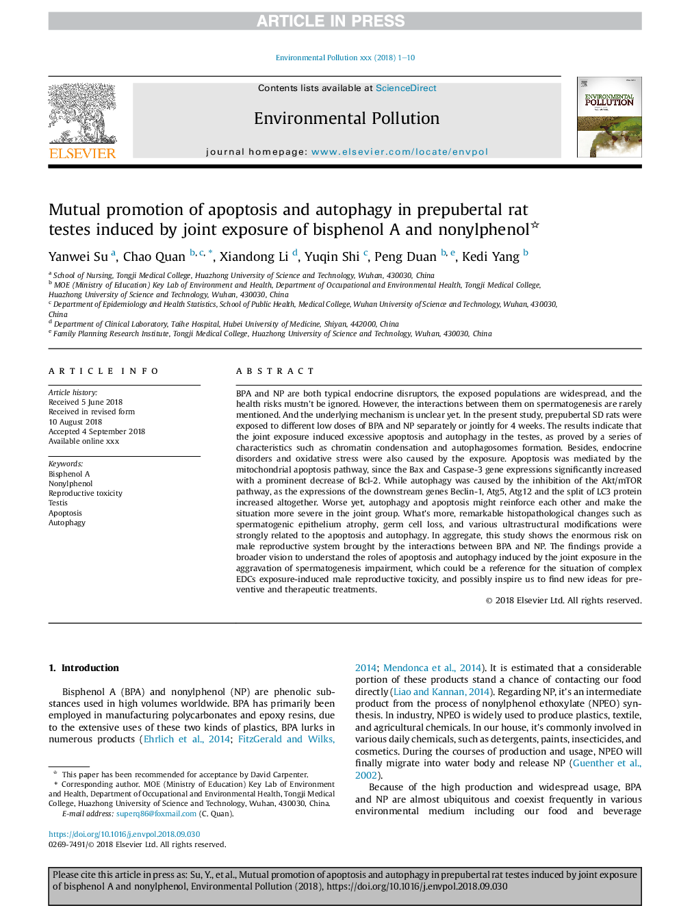 Mutual promotion of apoptosis and autophagy in prepubertal rat testes induced by joint exposure of bisphenol A and nonylphenol