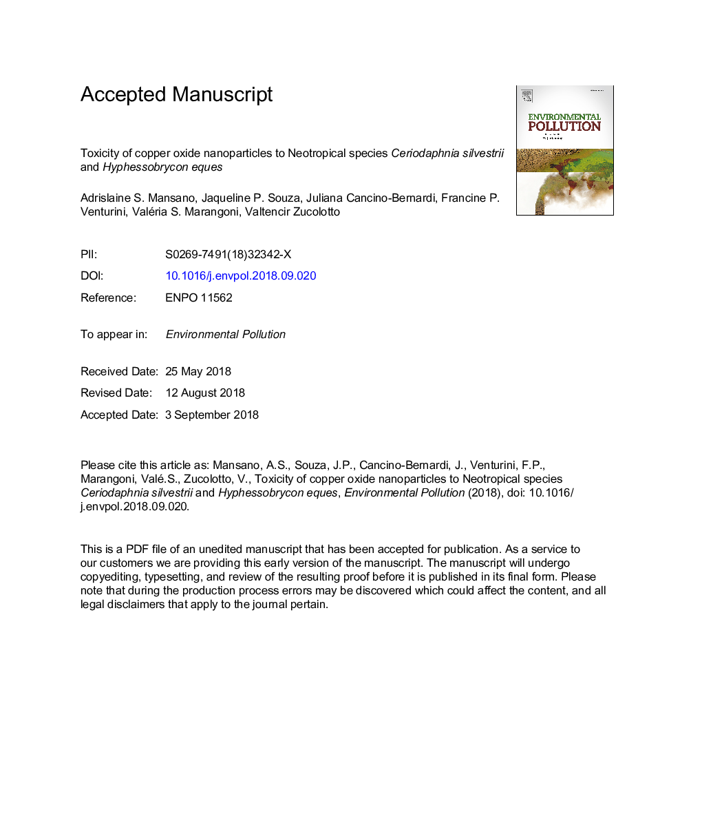 Toxicity of copper oxide nanoparticles to Neotropical species Ceriodaphnia silvestrii and Hyphessobrycon eques