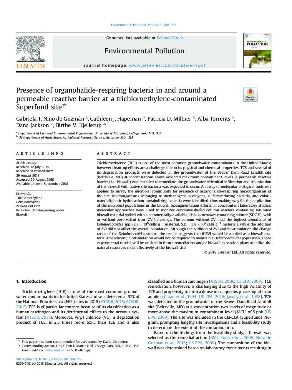 Presence of organohalide-respiring bacteria in and around a permeable reactive barrier at a trichloroethylene-contaminated Superfund site