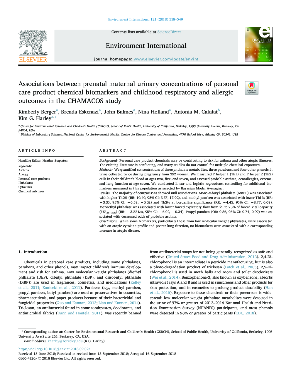 Associations between prenatal maternal urinary concentrations of personal care product chemical biomarkers and childhood respiratory and allergic outcomes in the CHAMACOS study