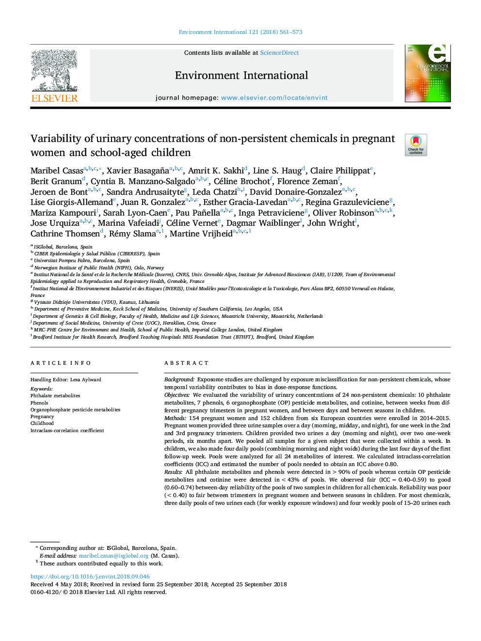 Variability of urinary concentrations of non-persistent chemicals in pregnant women and school-aged children