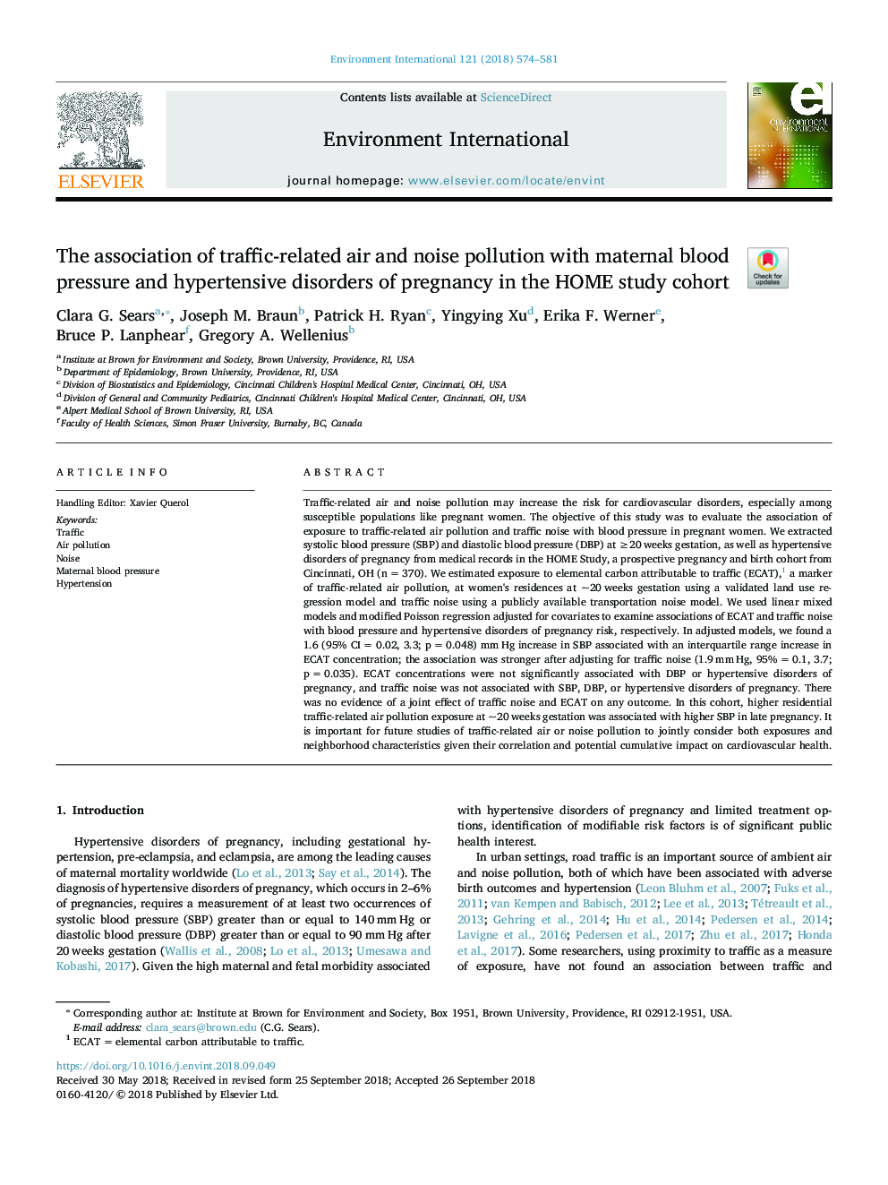 The association of traffic-related air and noise pollution with maternal blood pressure and hypertensive disorders of pregnancy in the HOME study cohort