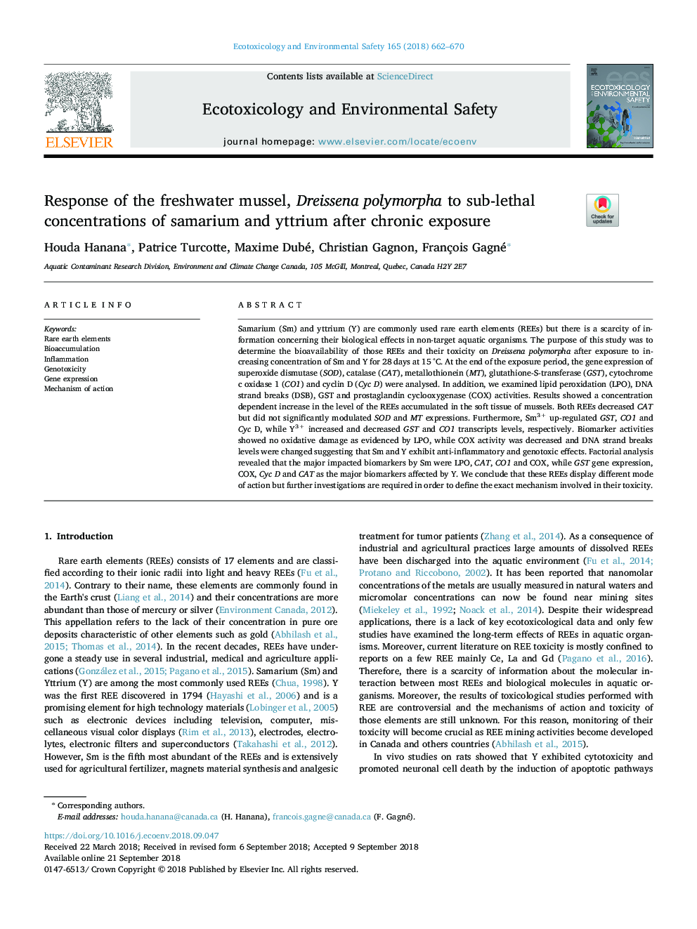 Response of the freshwater mussel, Dreissena polymorpha to sub-lethal concentrations of samarium and yttrium after chronic exposure