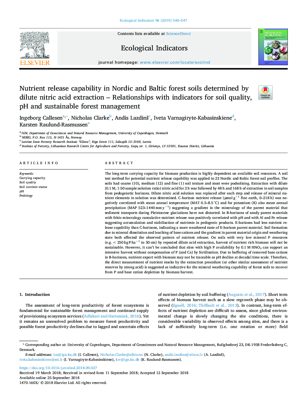 Nutrient release capability in Nordic and Baltic forest soils determined by dilute nitric acid extraction - Relationships with indicators for soil quality, pH and sustainable forest management