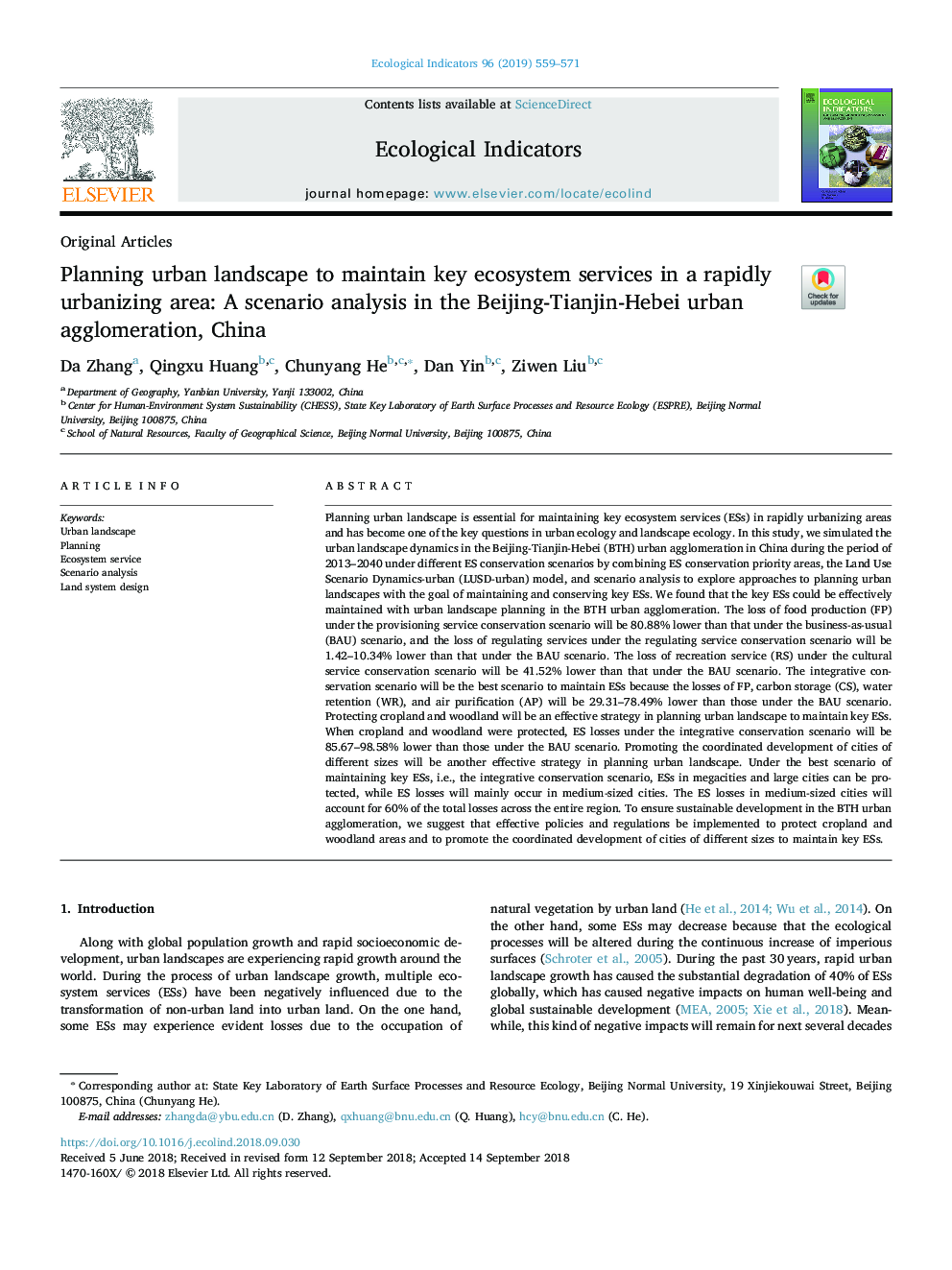Planning urban landscape to maintain key ecosystem services in a rapidly urbanizing area: A scenario analysis in the Beijing-Tianjin-Hebei urban agglomeration, China