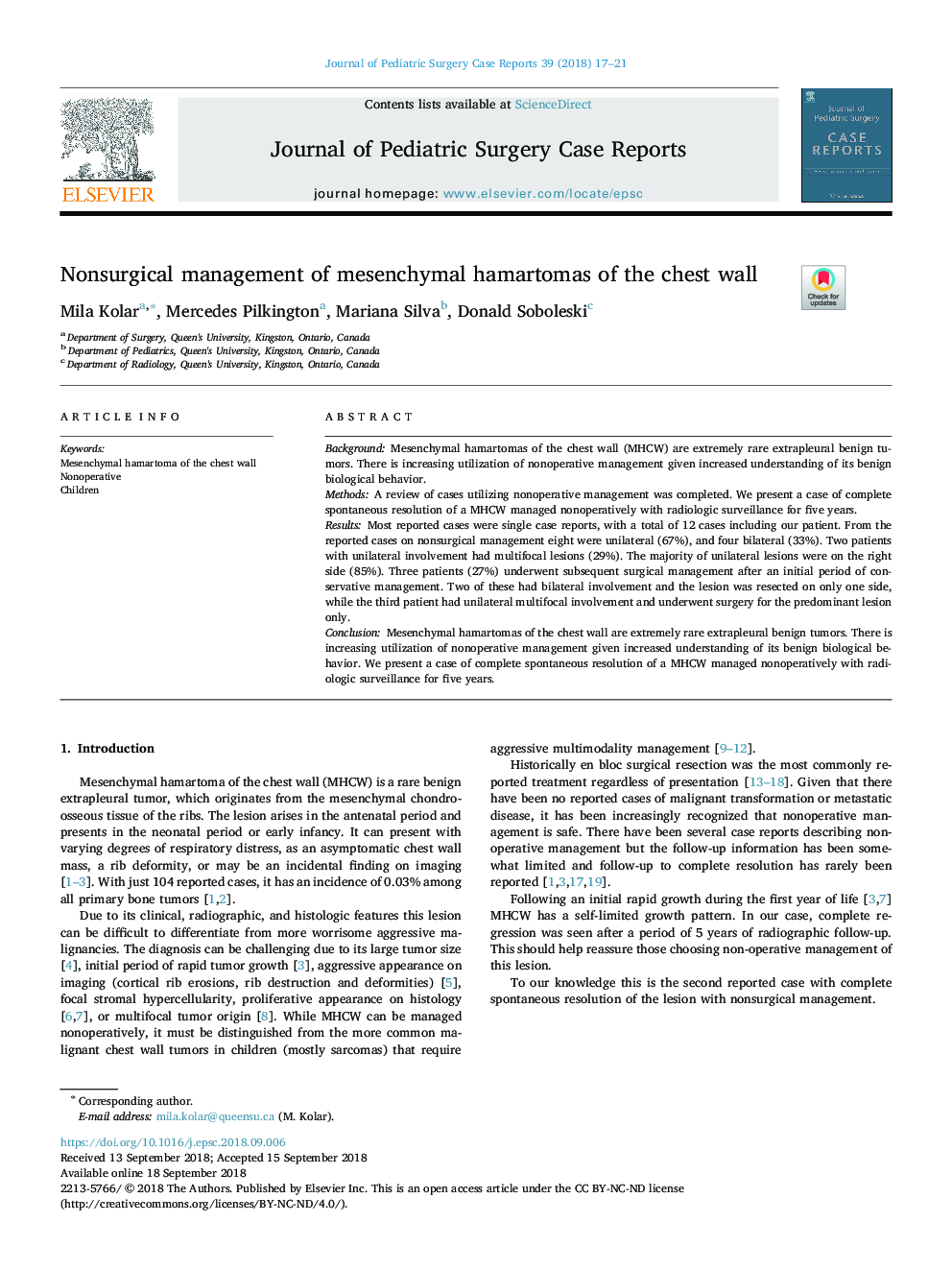 Nonsurgical management of mesenchymal hamartomas of the chest wall