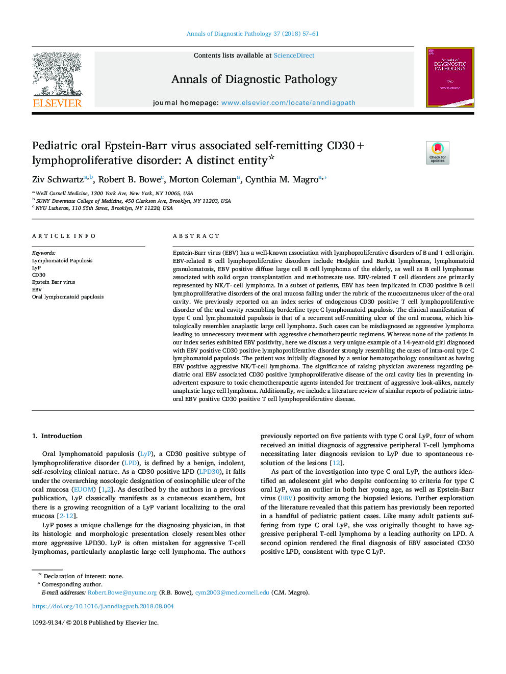 Pediatric oral Epstein-Barr virus associated self-remitting CD30+ lymphoproliferative disorder: A distinct entity