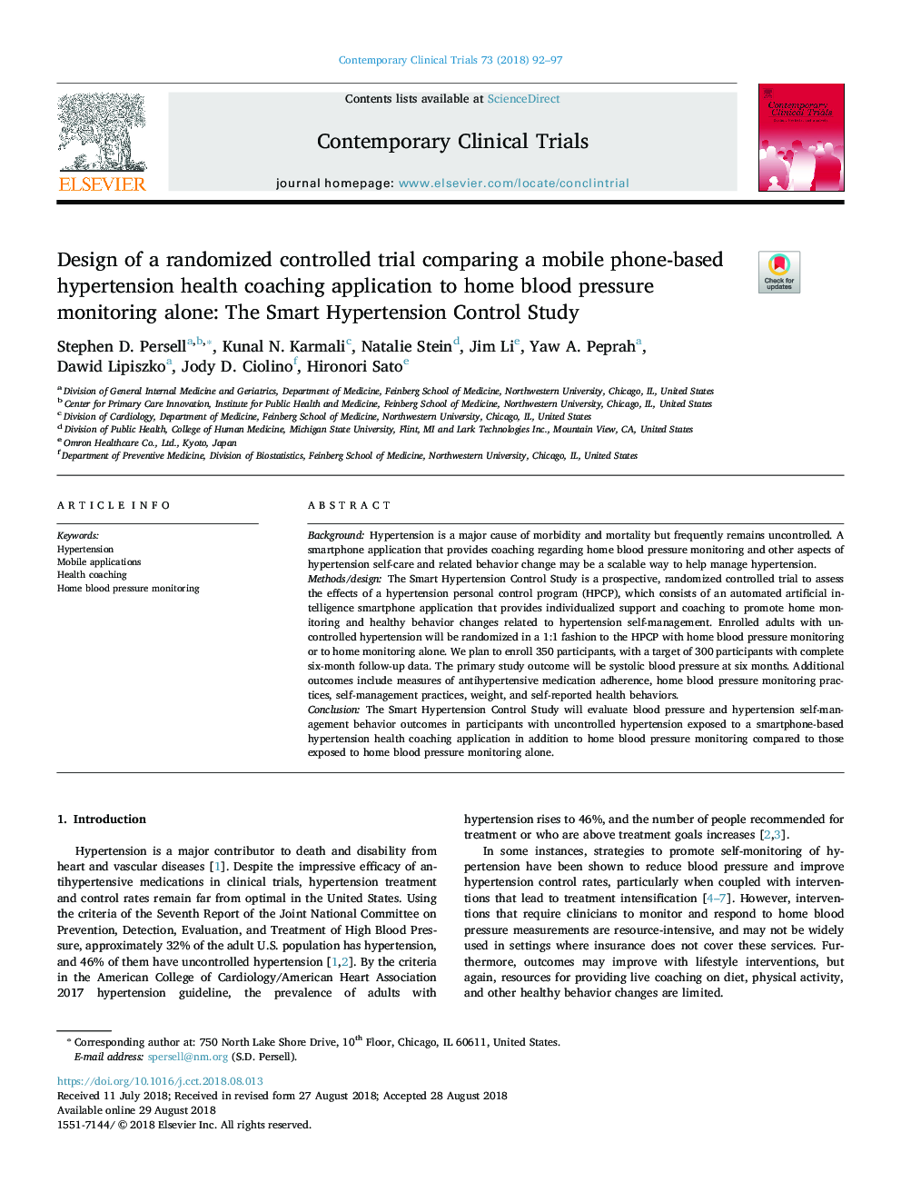 Design of a randomized controlled trial comparing a mobile phone-based hypertension health coaching application to home blood pressure monitoring alone: The Smart Hypertension Control Study