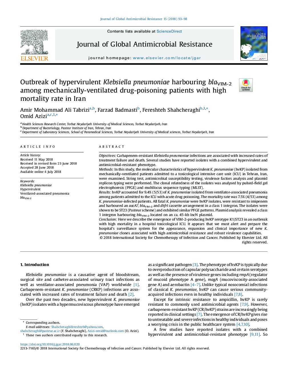 Outbreak of hypervirulent Klebsiella pneumoniae harbouring blaVIM-2 among mechanically-ventilated drug-poisoning patients with high mortality rate in Iran