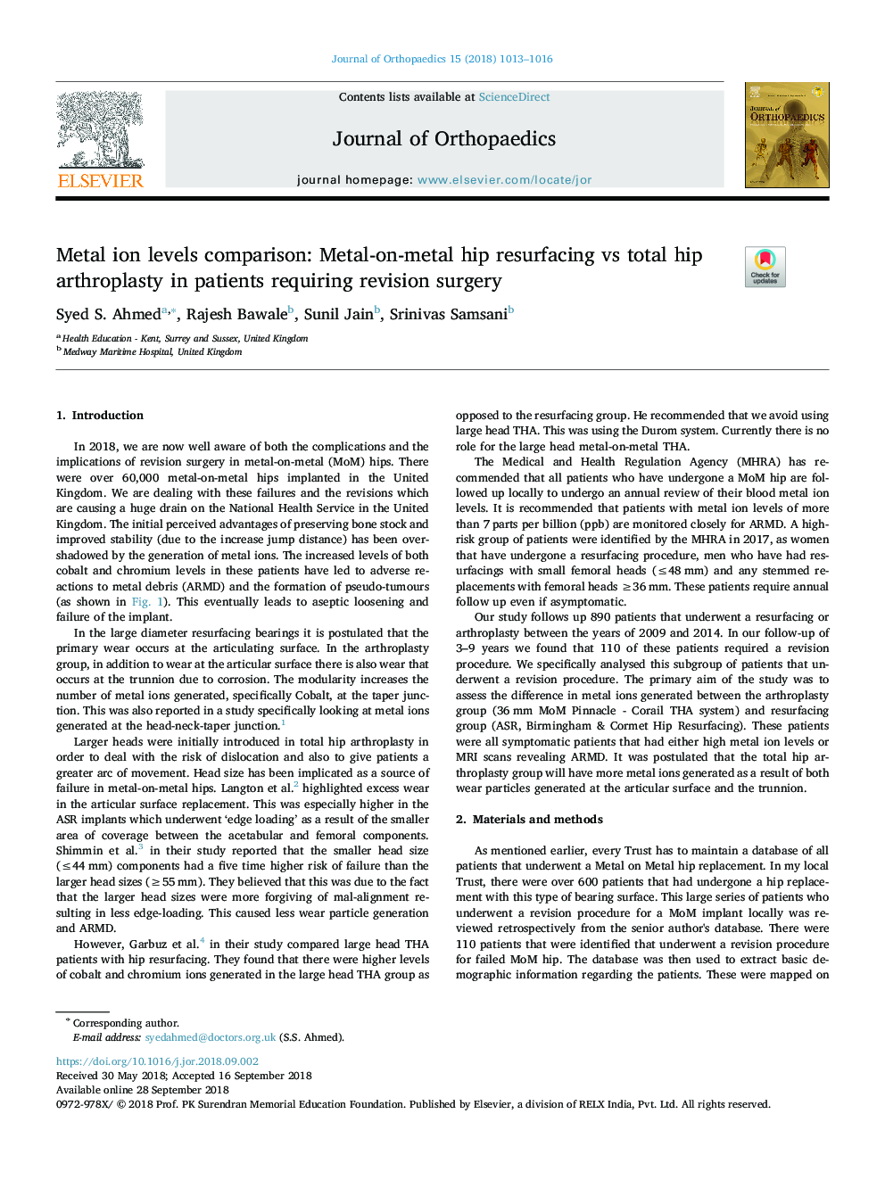 Metal ion levels comparison: Metal-on-metal hip resurfacing vs total hip arthroplasty in patients requiring revision surgery