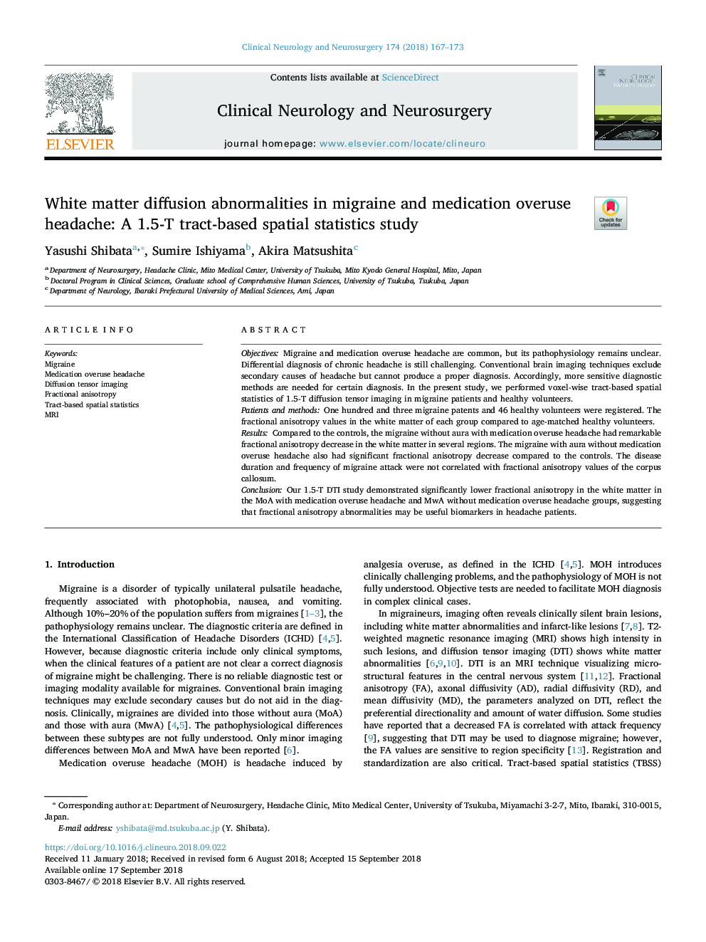 White matter diffusion abnormalities in migraine and medication overuse headache: A 1.5-T tract-based spatial statistics study