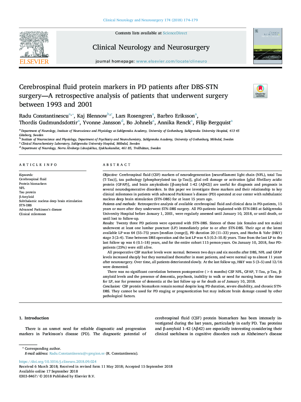 Cerebrospinal fluid protein markers in PD patients after DBS-STN surgery-A retrospective analysis of patients that underwent surgery between 1993 and 2001