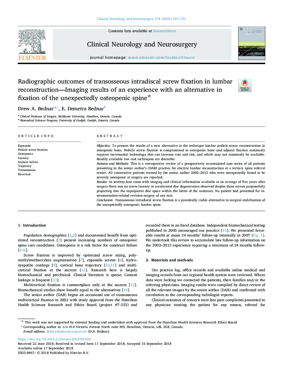 Radiographic outcomes of transosseous intradiscal screw fixation in lumbar reconstruction-Imaging results of an experience with an alternative in fixation of the unexpectedly osteopenic spine