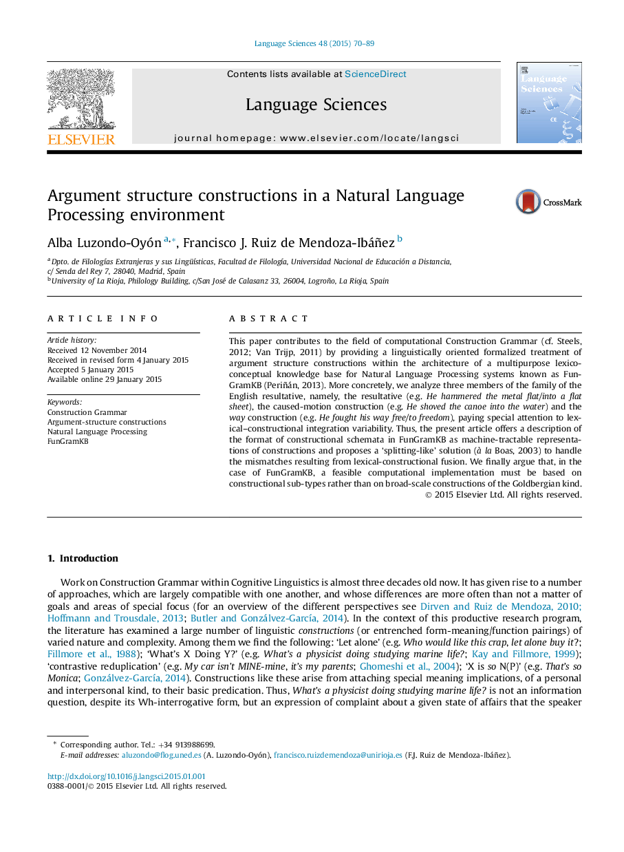 Argument structure constructions in a Natural Language Processing environment