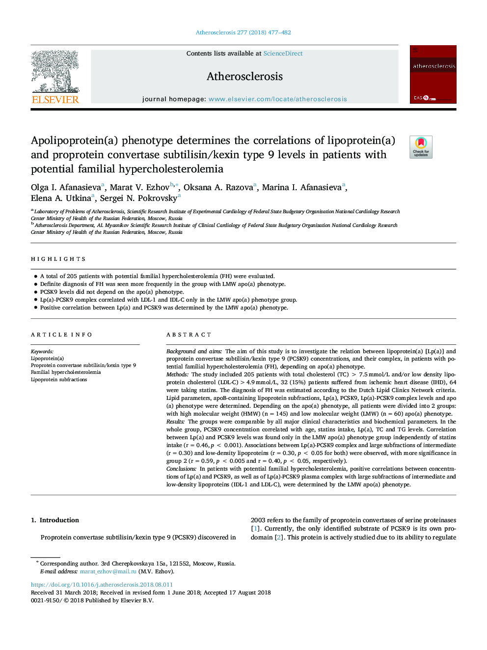 Apolipoprotein(a) phenotype determines the correlations of lipoprotein(a) and proprotein convertase subtilisin/kexin type 9 levels in patients with potential familial hypercholesterolemia