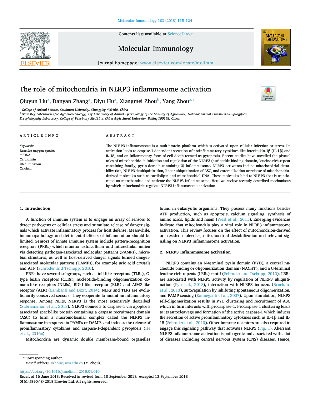 The role of mitochondria in NLRP3 inflammasome activation