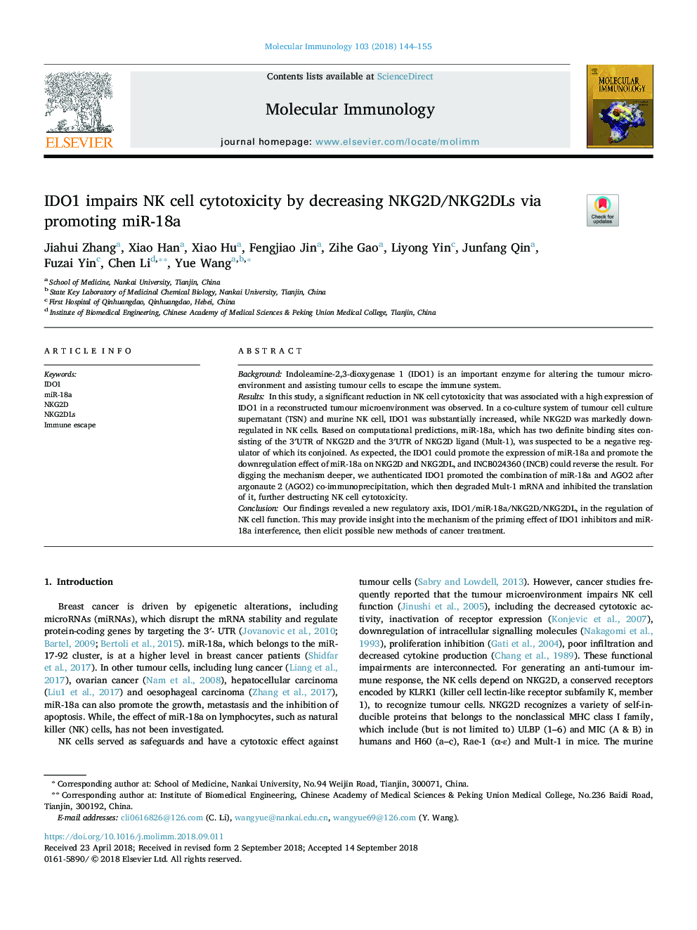 IDO1 impairs NK cell cytotoxicity by decreasing NKG2D/NKG2DLs via promoting miR-18a