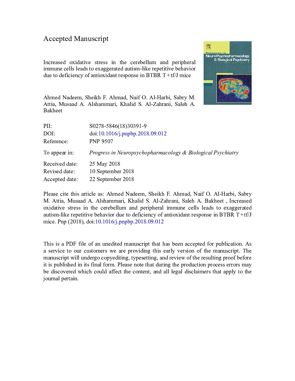 Increased oxidative stress in the cerebellum and peripheral immune cells leads to exaggerated autism-like repetitive behavior due to deficiency of antioxidant response in BTBR Tâ¯+â¯tf/J mice