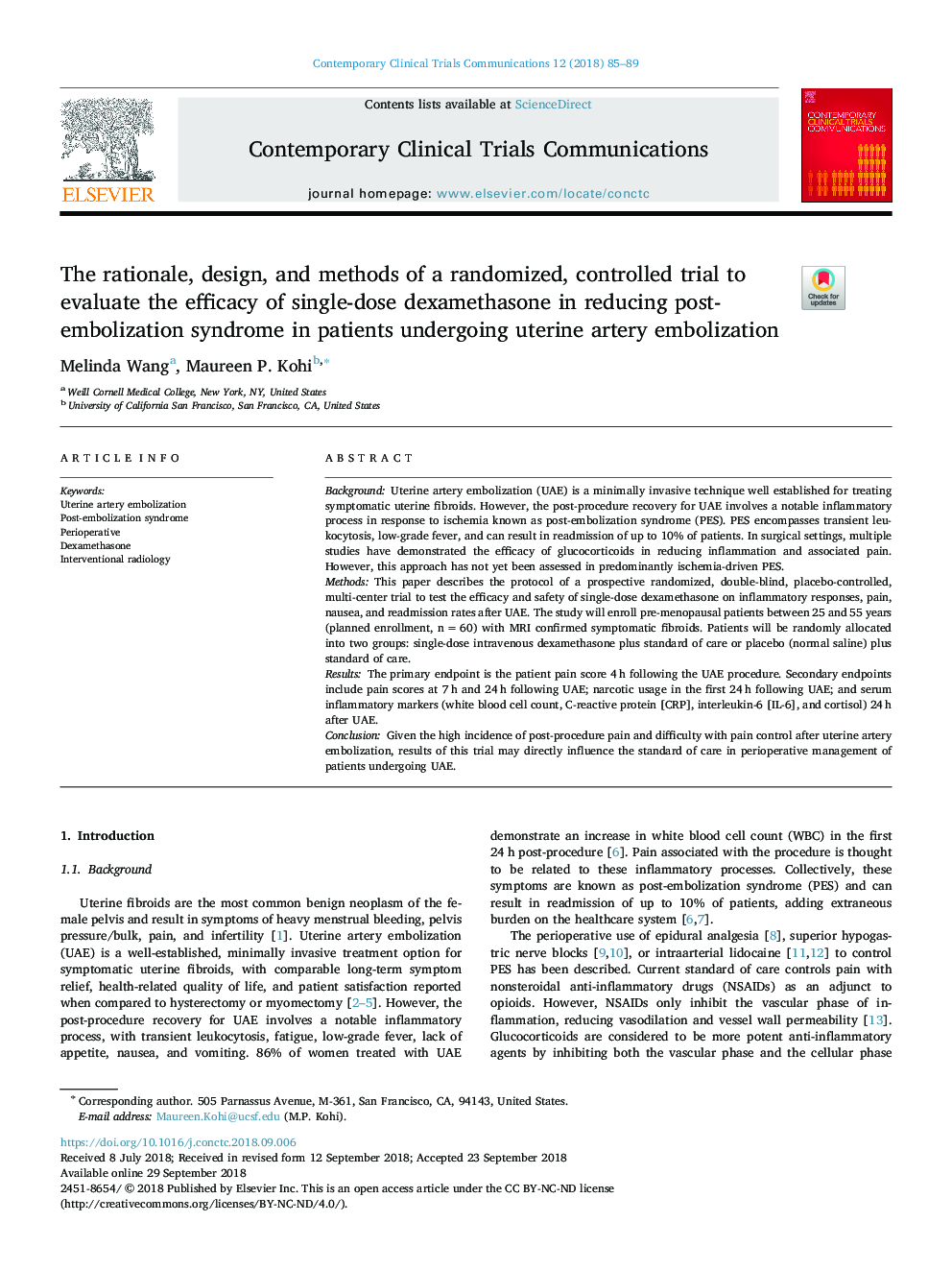 The rationale, design, and methods of a randomized, controlled trial to evaluate the efficacy of single-dose dexamethasone in reducing post-embolization syndrome in patients undergoing uterine artery embolization