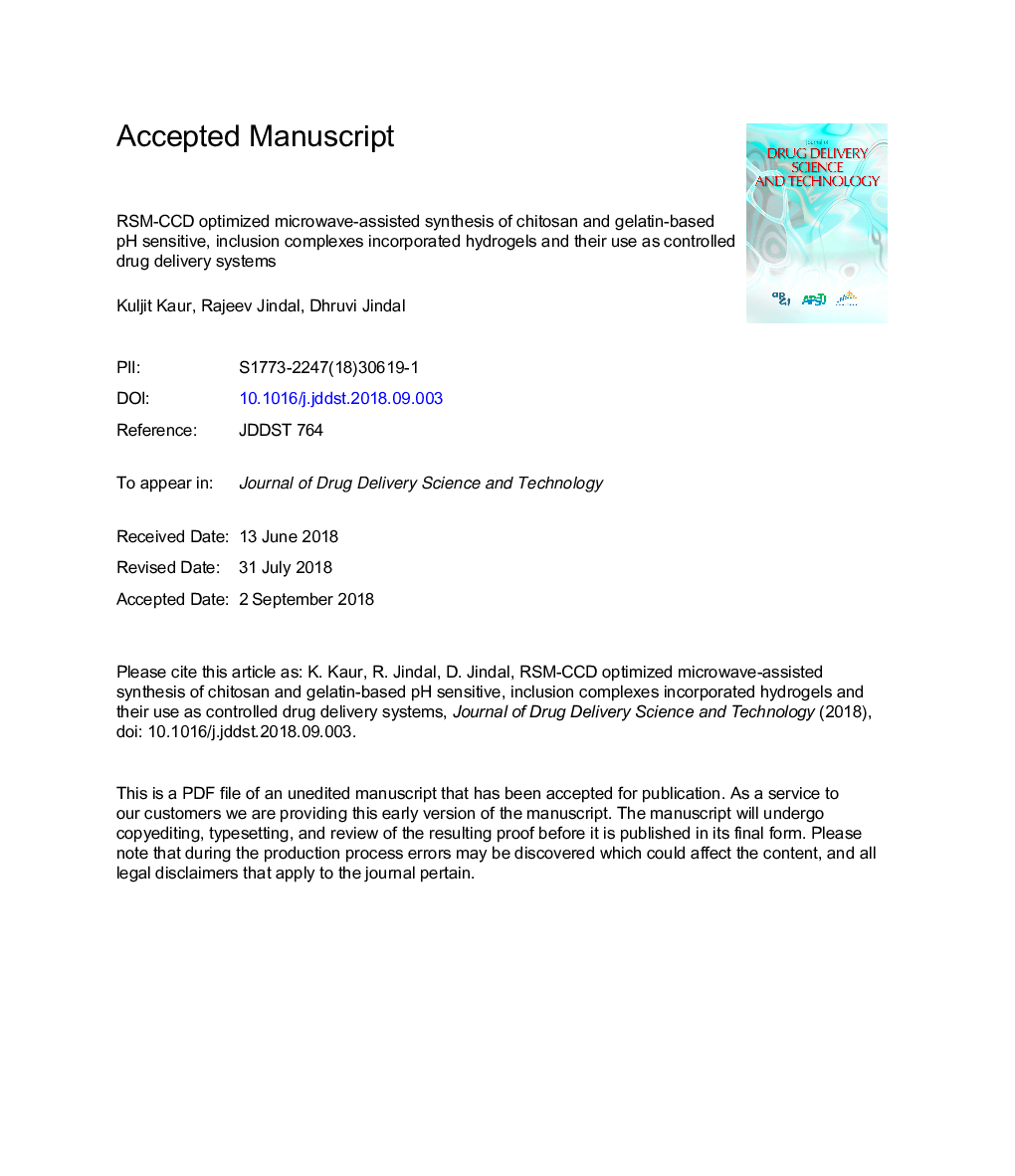 RSM-CCD optimized microwave-assisted synthesis of chitosan and gelatin-based pH sensitive, inclusion complexes incorporated hydrogels and their use as controlled drug delivery systems