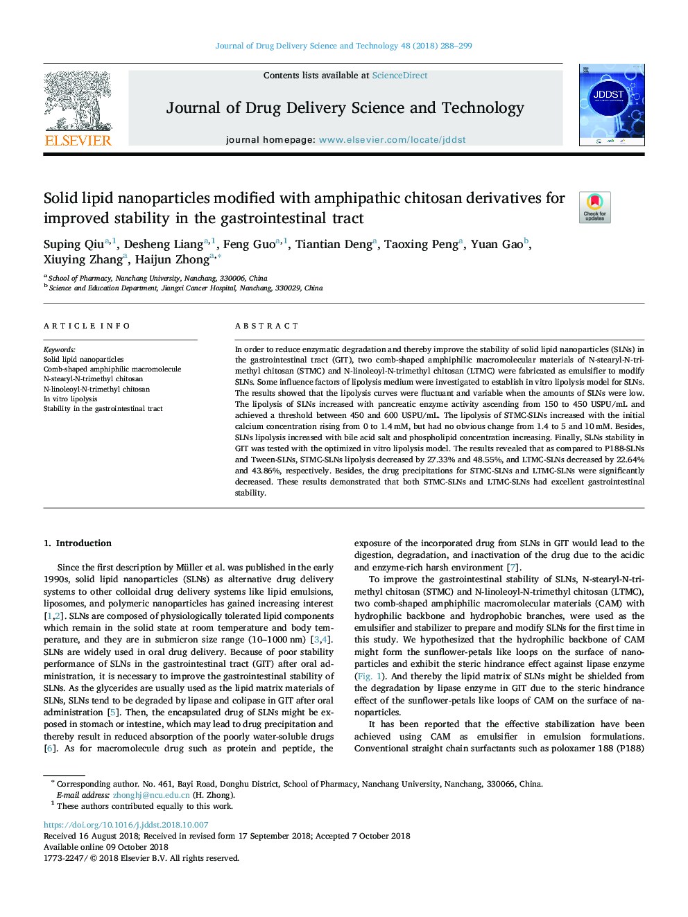 Solid lipid nanoparticles modified with amphipathic chitosan derivatives for improved stability in the gastrointestinal tract