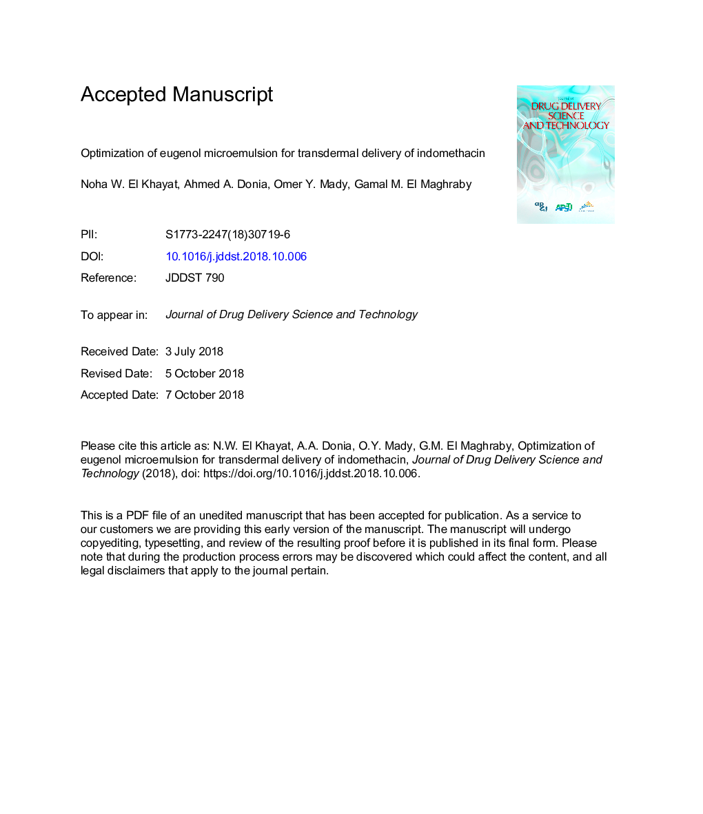 Optimization of eugenol microemulsion for transdermal delivery of indomethacin