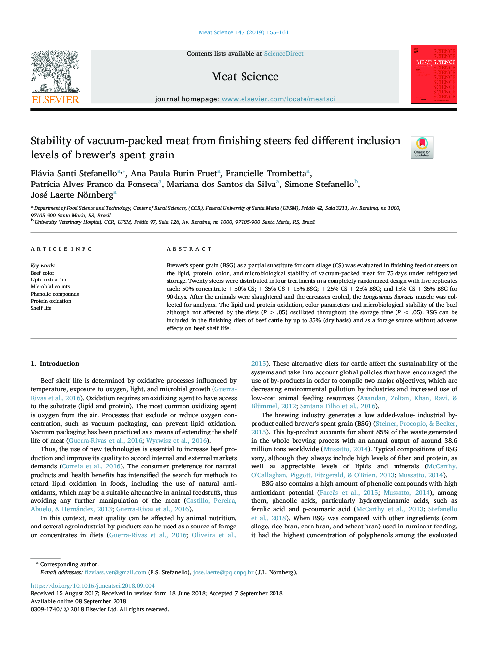 Stability of vacuum-packed meat from finishing steers fed different inclusion levels of brewer's spent grain