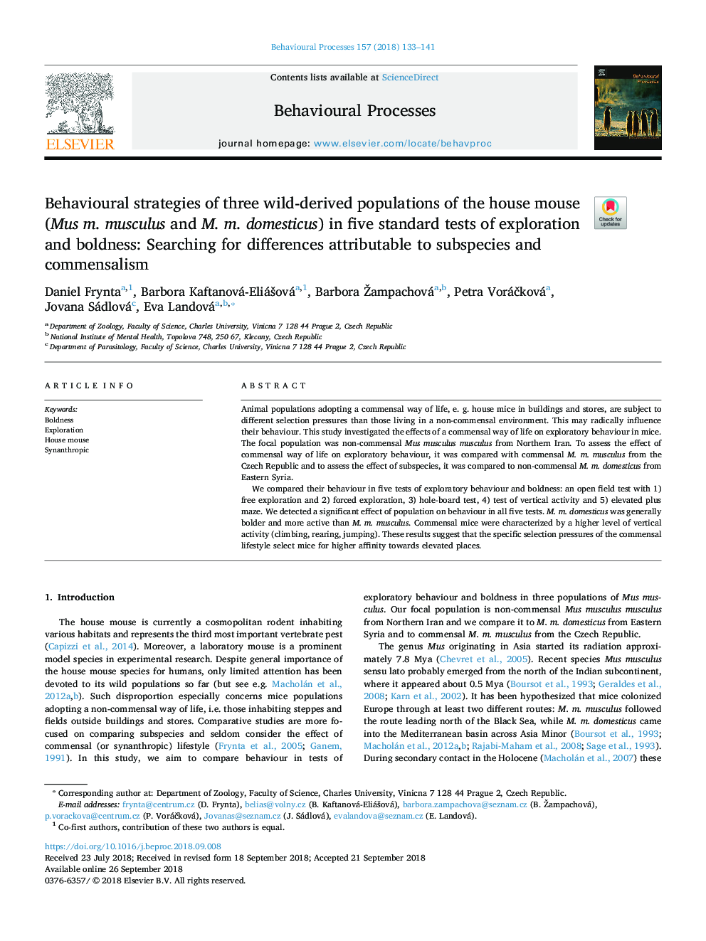 Behavioural strategies of three wild-derived populations of the house mouse (Mus m. musculus and M. m. domesticus) in five standard tests of exploration and boldness: Searching for differences attributable to subspecies and commensalism