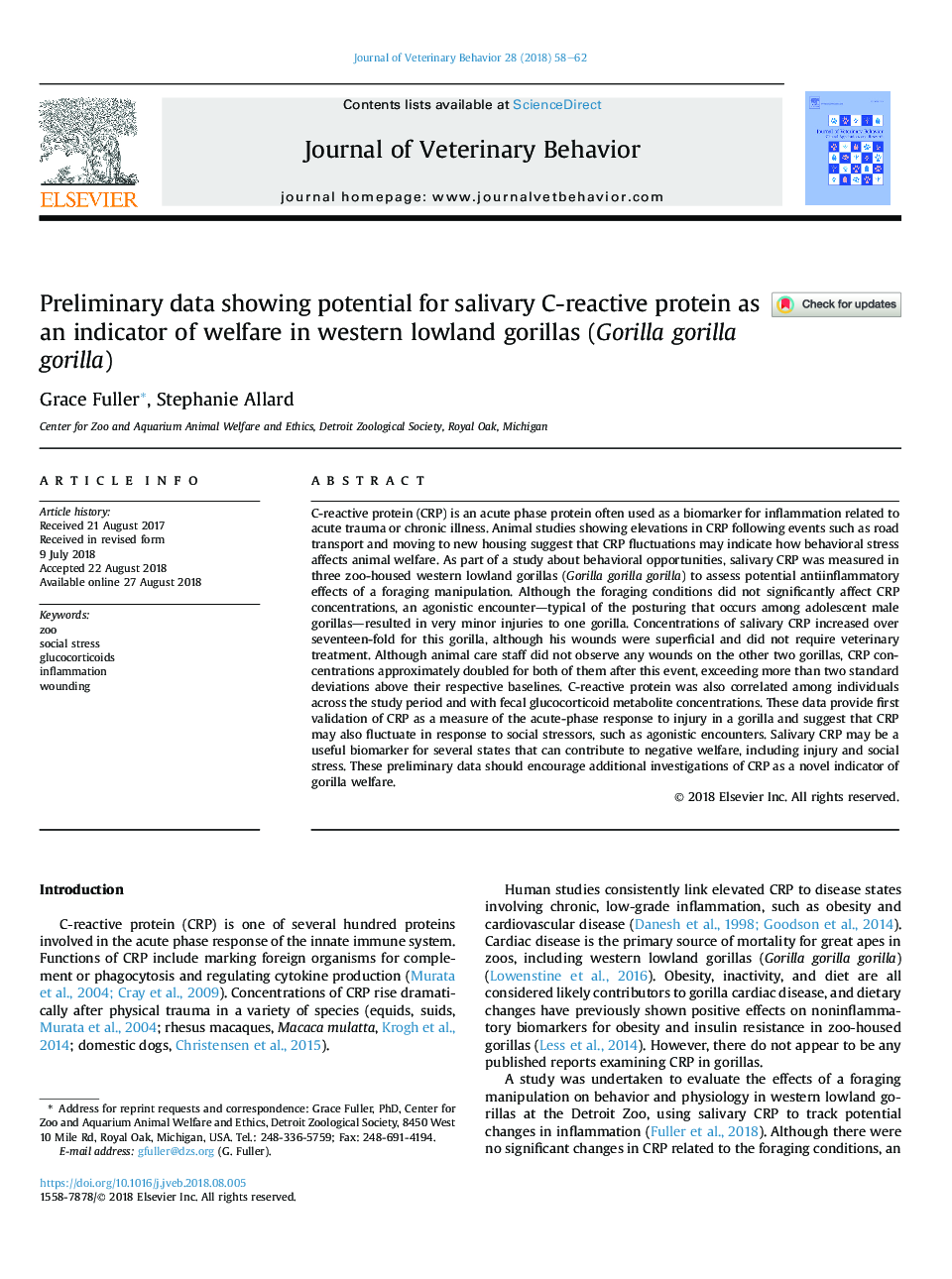 Preliminary data showing potential for salivary C-reactive protein as an indicator of welfare in western lowland gorillas (Gorilla gorilla gorilla)