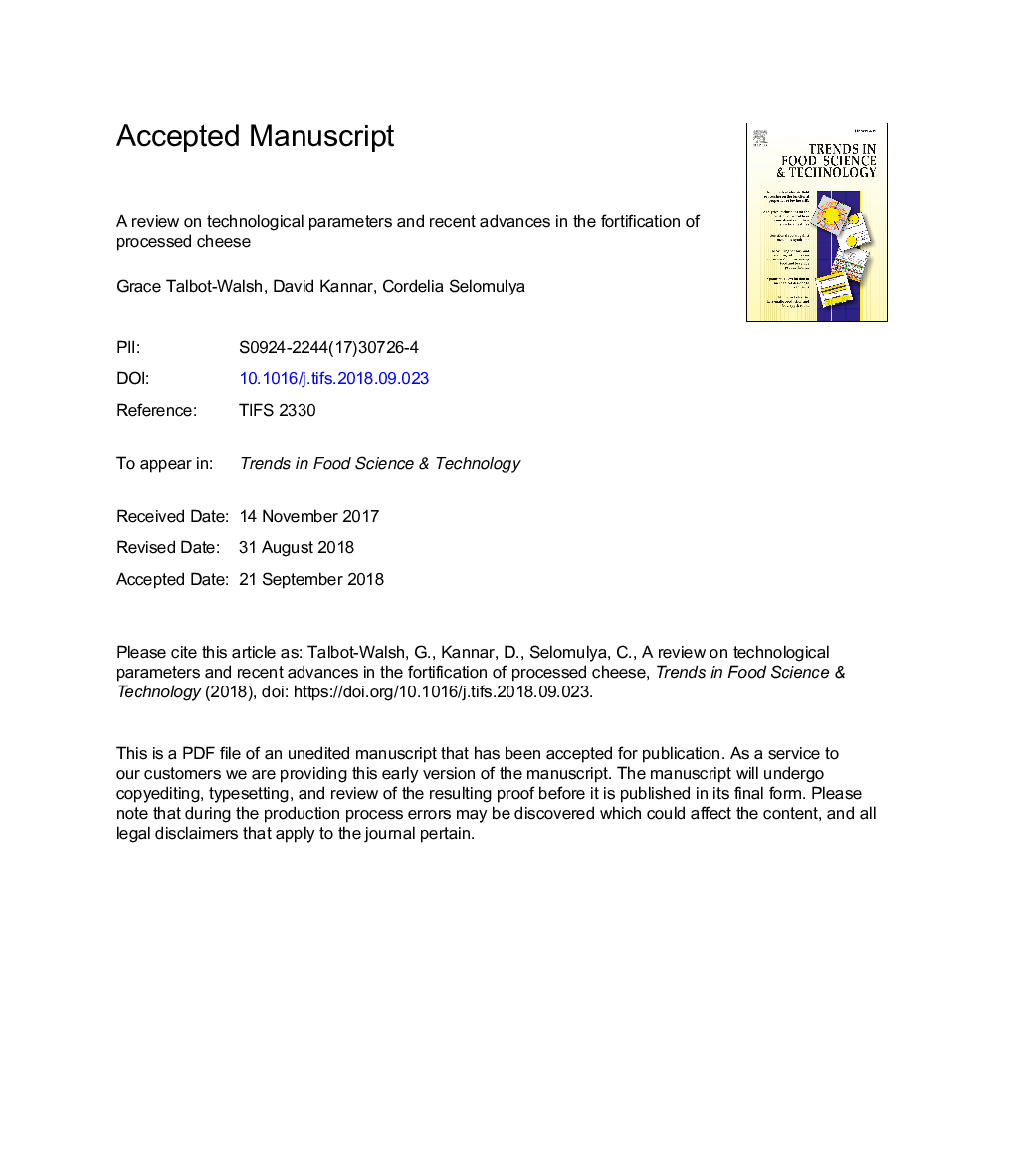 A review on technological parameters and recent advances in the fortification of processed cheese