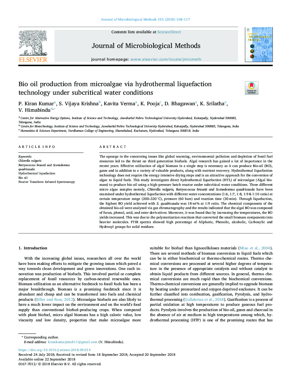 Bio oil production from microalgae via hydrothermal liquefaction technology under subcritical water conditions