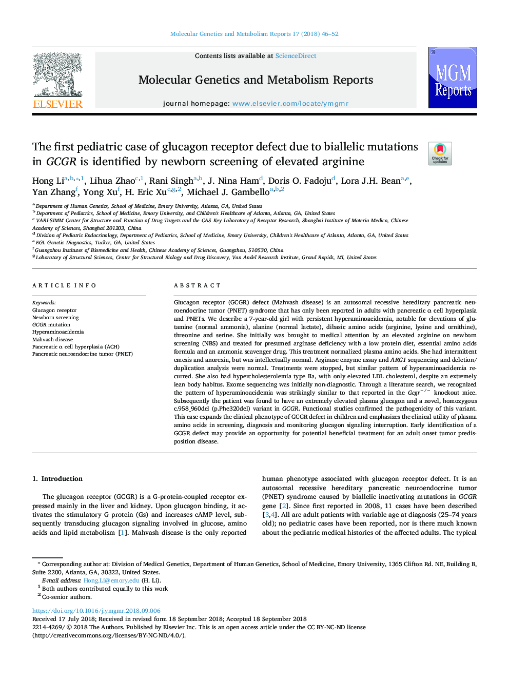 The first pediatric case of glucagon receptor defect due to biallelic mutations in GCGR is identified by newborn screening of elevated arginine