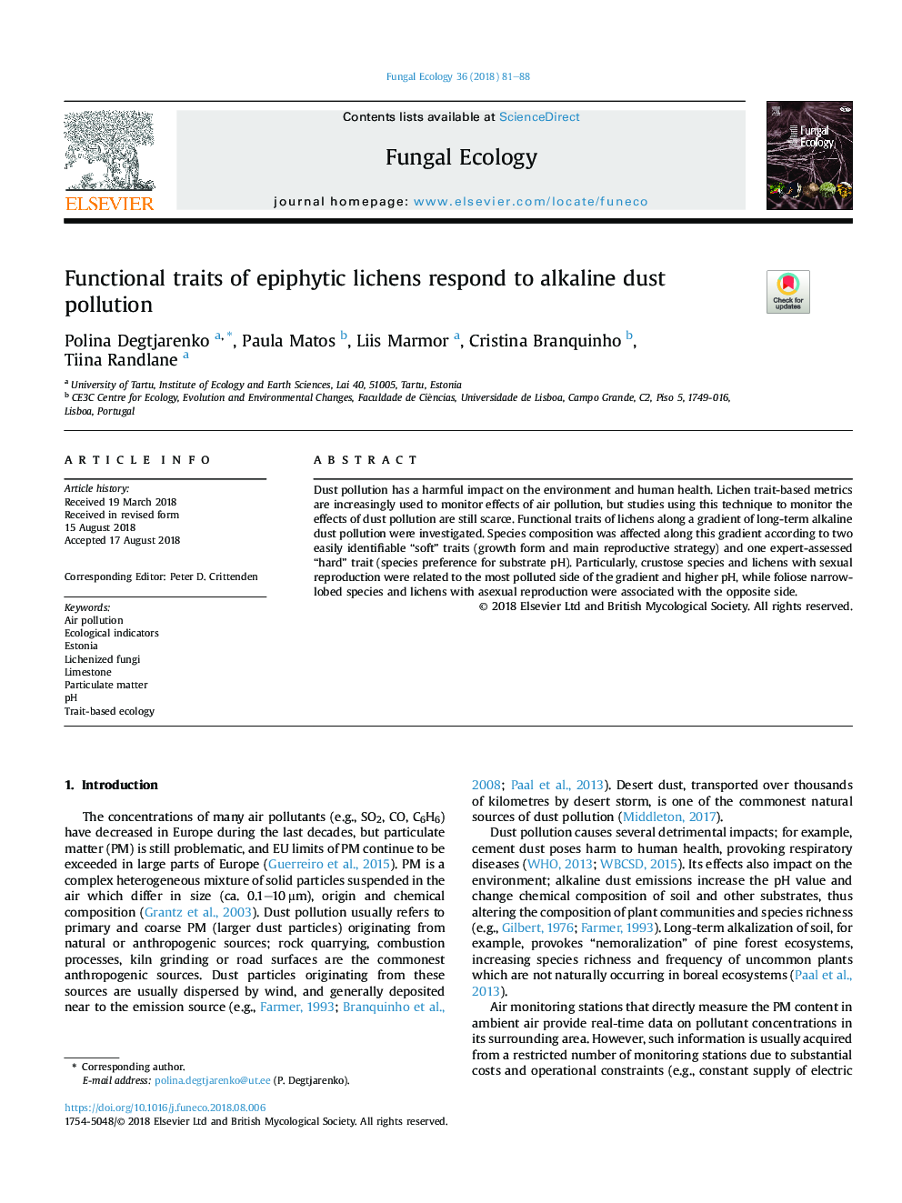 Functional traits of epiphytic lichens respond to alkaline dust pollution