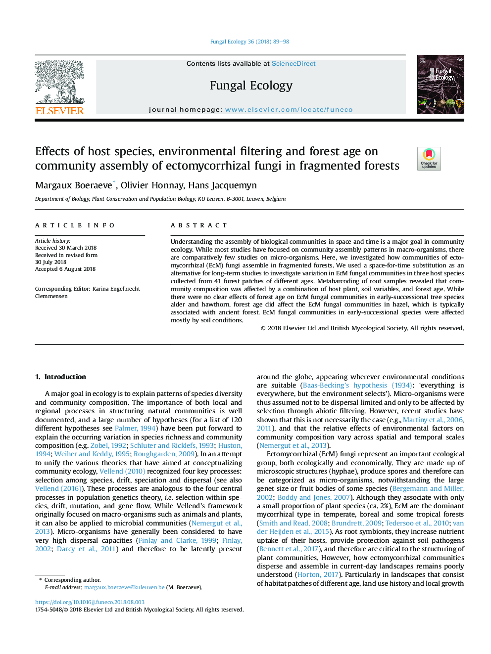 Effects of host species, environmental filtering and forest age on community assembly of ectomycorrhizal fungi in fragmented forests