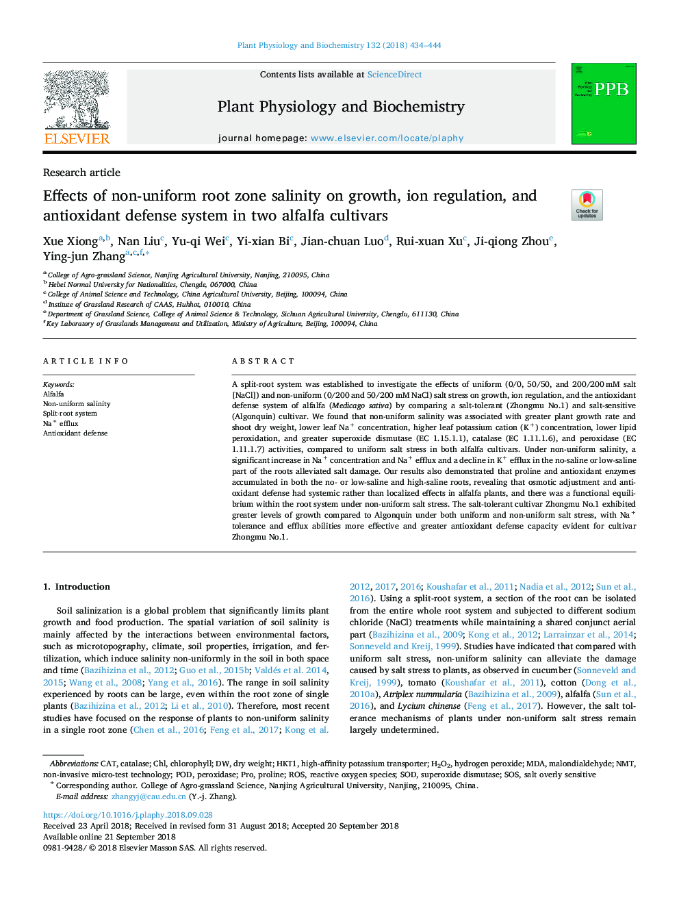 Effects of non-uniform root zone salinity on growth, ion regulation, and antioxidant defense system in two alfalfa cultivars