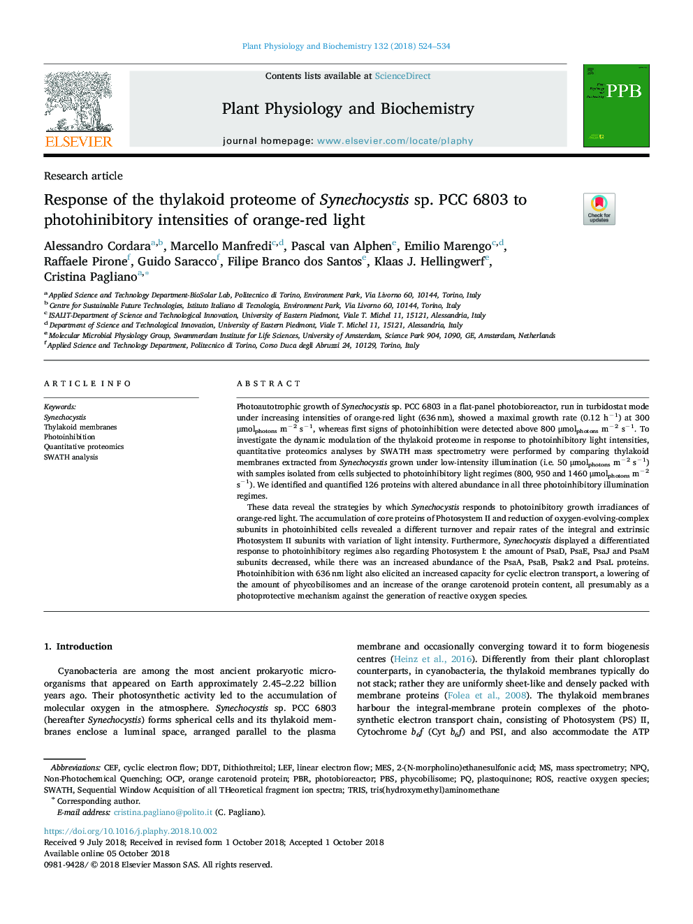 Response of the thylakoid proteome of Synechocystis sp. PCC 6803 to photohinibitory intensities of orange-red light