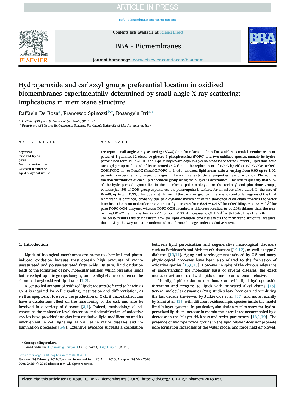 Hydroperoxide and carboxyl groups preferential location in oxidized biomembranes experimentally determined by small angle X-ray scattering: Implications in membrane structure