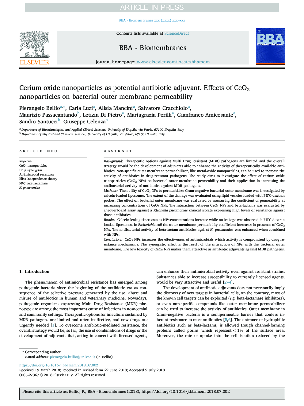 Cerium oxide nanoparticles as potential antibiotic adjuvant. Effects of CeO2 nanoparticles on bacterial outer membrane permeability