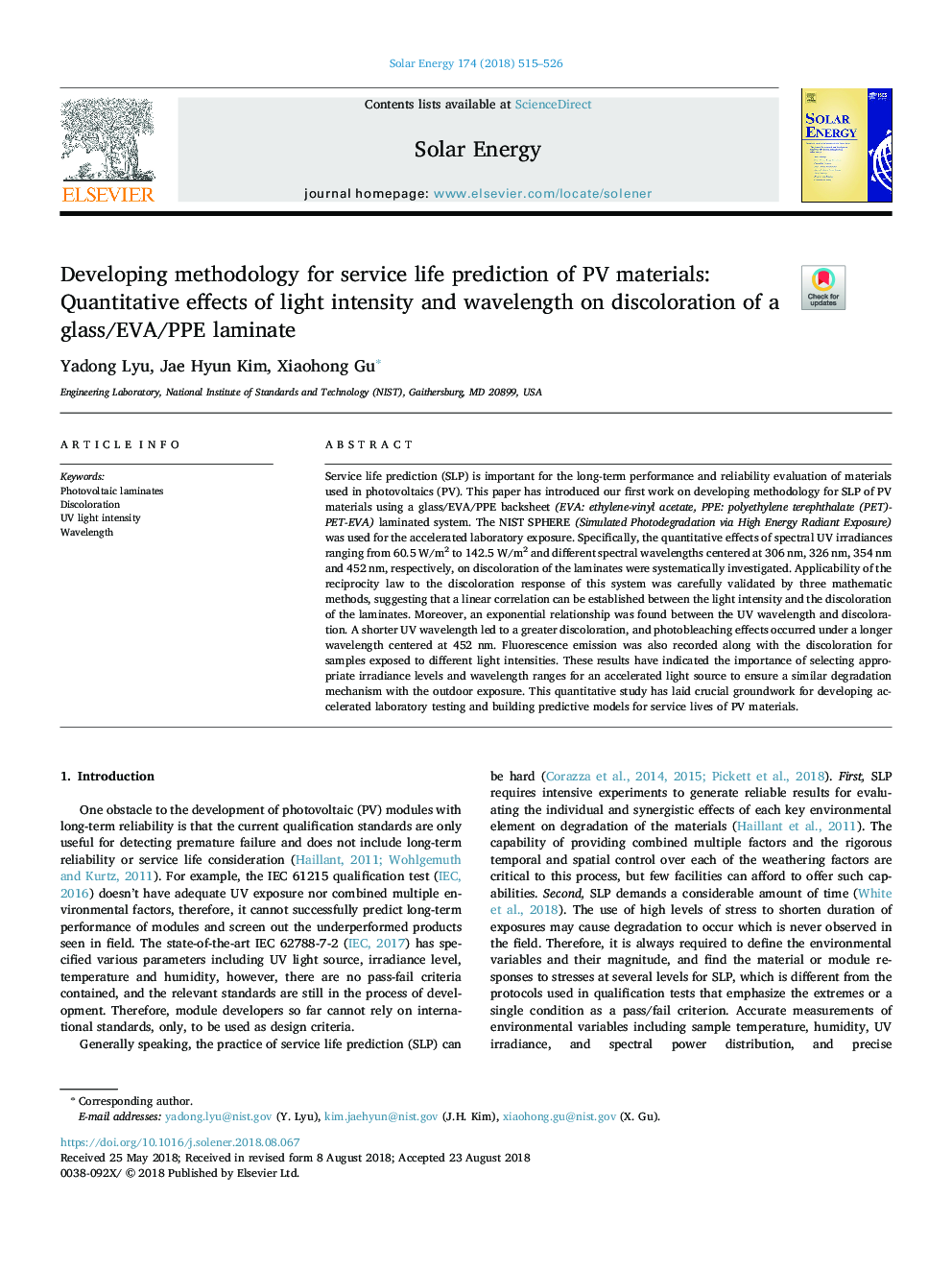 Developing methodology for service life prediction of PV materials: Quantitative effects of light intensity and wavelength on discoloration of a glass/EVA/PPE laminate